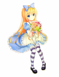 Rule 34 | 1girl, alice (alice in wonderland), alice in wonderland, bad id, bad pixiv id, black footwear, blonde hair, blue dress, blue eyes, bouquet, bow, dress, flower, hair bow, highres, mary janes, shoes, solo, striped clothes, striped legwear, striped thighhighs, sumikko no aria, thighhighs