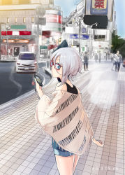 Rule 34 | 1girl, bare shoulders, bespectacled, blue eyes, car, cellphone, cityscape, contemporary, dated, fringe trim, glasses, hair ribbon, konpaku youmu, looking at viewer, looking back, mirino, motor vehicle, phone, real world location, red-framed eyewear, ribbon, shawl, short hair, shorts, silver hair, smartphone, solo, solo focus, standing, tank top, thighs, touhou, vehicle