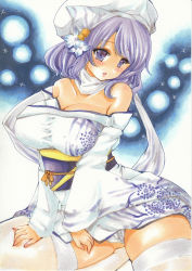Rule 34 | 1girl, absurdres, alternate costume, bare shoulders, breasts, cleavage, commentary request, female focus, flower, gradient background, hair flower, hair ornament, hat, highres, japanese clothes, kimono, large breasts, letty whiterock, looking at viewer, marker (medium), obi, off shoulder, open mouth, panties, purple eyes, purple hair, sash, scarf, solo, thighhighs, touhou, traditional media, underwear, white panties, white thighhighs, yukata, yurun