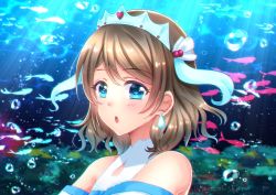 Rule 34 | 1girl, aqua skirt, aquarium, armpits, arms up, artist request, bare shoulders, blue bow, blue eyes, blush, bow, bowtie, bracelet, breasts, capelet, crop top, detached sleeves, female focus, fish, frilled capelet, frills, grey hair, hair ornament, highres, jewelry, koi ni naritai aquarium, love live!, love live! sunshine!!, medium breasts, miniskirt, navel, outstretched arms, panties, short hair, skirt, smile, solo, striped bow, striped bowtie, striped clothes, thighhighs, tiara, underwear, watanabe you