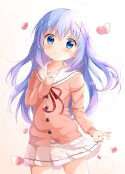 Rule 34 | 1girl, absurdres, blue eyes, blue hair, blush, buttons, closed mouth, clothes lift, collarbone, cosplay, cowboy shot, gochuumon wa usagi desu ka?, gradient background, hair between eyes, hair ornament, highres, hoto cocoa, hoto cocoa&#039;s school uniform, hoto cocoa (cosplay), kafuu chino, lifted by self, long hair, long sleeves, mika miche, petals, pleated skirt, red ribbon, ribbon, school uniform, skirt, skirt lift, smile, solo, white skirt, x hair ornament