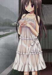 Rule 34 | 1girl, amatsutsumi, blush, breasts, brown hair, clueless, dress, eyebrows, game cg, highres, koku, long hair, nipples, open mouth, oribe kokoro, purple software, rain, red eyes, see-through, solo, tagme, water, wet, wet clothes