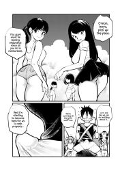 Rule 34 | 3boys, 4girls, ass, bare arms, bare legs, bare shoulders, breasts, bulge, denim, denim shorts, erection, erection under clothes, femdom, highres, large breasts, legs, long hair, looking back, makunouchi, manga page, miniskirt, multiple boys, multiple girls, short hair, short shorts, shorts, skirt, smile, speech bubble, thighs