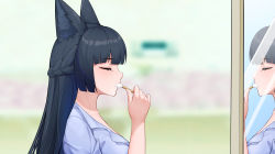 Rule 34 | 1girl, absurdres, animal ears, black hair, blue shirt, blunt bangs, blurry, blurry background, blush, breasts, brushing teeth, cleavage, closed eyes, closed mouth, collarbone, commentary request, ears down, eyelashes, fox ears, hand up, highres, holding, holding toothbrush, hoshimi miyabi, indoors, long hair, mangshe jiao, medium breasts, mirror, off shoulder, pajamas, profile, reflection, shirt, sidelocks, single bare shoulder, sleepy, solo, toothbrush, upper body, zenless zone zero