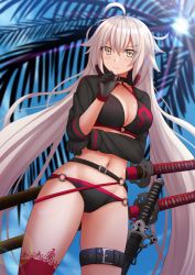 Rule 34 | &gt;:(, 1girl, ahoge, belt, bikini, black bikini, black gloves, blue eyes, blue sky, blurry, blurry background, blush, breasts, buckle, cleavage, closed mouth, commentary, dark-skinned female, dark skin, day, depth of field, fate/grand order, fate (series), female focus, gloves, grey hair, hand on own chin, high collar, highres, jeanne d&#039;arc alter (swimsuit berserker) (fate), jeanne d&#039;arc (fate), jeanne d&#039;arc alter (fate), jeanne d&#039;arc alter (swimsuit berserker) (fate), katana, kazenokaze, large breasts, lens flare, light rays, long hair, long sleeves, navel, o-ring, o-ring bikini, outdoors, palm tree, pink thighhighs, sheath, sheathed, shiny skin, shrug (clothing), single thighhigh, sky, solo, sun, sunbeam, sunlight, swimsuit, sword, thigh strap, thighhighs, thighs, thinking, tree, very long hair, weapon, yellow eyes