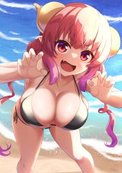 Rule 34 | 1girl, beach, bikini, black bikini, blush, breasts, claw pose, cleavage, dragon girl, dragon horns, fang, highres, horns, ilulu (maidragon), kobayashi-san chi no maidragon, large breasts, long hair, looking at viewer, ocean, open mouth, pink hair, pointy ears, red eyes, red hair, sand, shortstack, skin fang, slit pupils, smile, solo, sonao, swimsuit, twintails