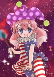 Rule 34 | 1girl, american flag dress, american flag legwear, biyon, blue eyes, blush, bow, clownpiece, clownpiece (cosplay), cosplay, cowboy shot, dress, dress tug, fairy wings, flower, flower-shaped pupils, hair between eyes, hair flower, hair ornament, hat, holding, holding torch, jester cap, long hair, looking at viewer, mouse tail, neck ruff, open mouth, pantyhose, pink bow, pink hair, polka dot headwear, purple hat, short sleeves, show by rock!!, solo, star (sky), star (symbol), starry background, symbol-shaped pupils, tail, tail bow, tail ornament, torch, touhou, twitter username, un (show by rock!!), upper body, wings