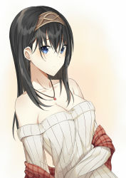 Rule 34 | 10s, 1girl, aemu (august life), black hair, blue eyes, breasts, cleavage, collarbone, commentary, cowboy shot, eyebrows, hair between eyes, hairband, idolmaster, idolmaster cinderella girls, jewelry, long hair, looking at viewer, necklace, off-shoulder, off-shoulder sweater, pendant, ribbed sweater, sagisawa fumika, shawl, solo, sweater, upper body