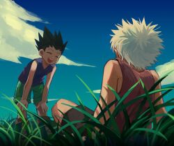Rule 34 | 2boys, black hair, blue sky, child, cloud, cloudy sky, commentary request, day, gon freecss, green shorts, hands on own knees, highres, hunter x hunter, kazhi, killua zoldyck, looking at another, male focus, multiple boys, on grass, outdoors, painting (medium), purple shirt, shirt, short hair, shorts, sky, smile, spiked hair, teeth, traditional media, upper teeth only, white hair