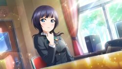 Rule 34 | 1girl, artist name, artist request, asaka karin, black cardigan, black jacket, blue eyes, blue hair, blush, bow, bowtie, breasts, buttons, cardigan, collared shirt, computer, curtains, dark blue hair, female focus, green ribbon, highres, jacket, long sleeves, looking at viewer, love live!, love live! nijigasaki high school idol club, love live! school idol festival, love live! school idol festival all stars, medium breasts, medium hair, necktie, nijigasaki academy school uniform, parted lips, red curtains, ribbon, school uniform, shirt, short hair, smile, solo, sparkle, sunlight, table, upper body, white shirt, window, yellow buttons