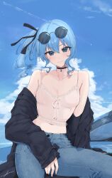 Rule 34 | 1girl, aircraft, airplane, alternate costume, arm support, bare shoulders, black choker, black jacket, black ribbon, blue eyes, blue hair, blue pants, blue sky, breasts, choker, closed mouth, cloud, collarbone, commentary, contrail, crop top, day, denim, eyewear on head, feint721, hair between eyes, hair ribbon, heart pendant, highres, hololive, hoshimachi suisei, jacket, jacket partially removed, jeans, light blush, long hair, long sleeves, looking at viewer, midriff, navel, off shoulder, open clothes, open jacket, outdoors, pants, pendant choker, ribbon, round eyewear, shirt, side ponytail, signature, sitting, sky, sleeveless, sleeveless shirt, small breasts, smile, solo, spaghetti strap, star (symbol), star in eye, sunglasses, symbol-only commentary, symbol in eye, virtual youtuber, white shirt