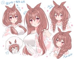 Rule 34 | 1girl, = =, ?, ??, animal ears, blush, braid, breasts, brown hair, closed eyes, closed mouth, daiwa scarlet (umamusume), hair between eyes, hair intakes, hair over shoulder, horse ears, ittokyu, jacket, large breasts, long hair, low twintails, multiple views, open clothes, open jacket, parted lips, pink jacket, red eyes, shirt, single braid, translation request, twin braids, twintails, umamusume, v-shaped eyebrows, white background, white shirt