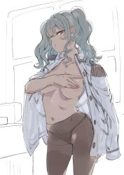 Rule 34 | 1girl, backlighting, black panties, breasts, coat, covering nipples, covering privates, epaulettes, hareno chiame, indoors, jacket, jacket on shoulders, kantai collection, kashima (kancolle), medium breasts, naked coat, no pants, panties, panties under pantyhose, pantyhose, sidelocks, silver hair, sketch, solo, twintails, underwear