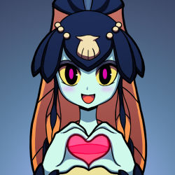Rule 34 | 1girl, blue background, blue skin, blush, colored sclera, colored skin, fish girl, heart, heart hands, looking at viewer, minette (skullgirls), monster girl, open mouth, pink eyes, scales, seashell, shell, shisen, skullgirls, smile, solo, yellow sclera