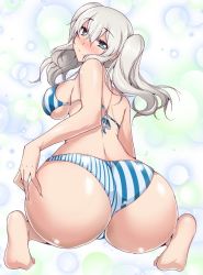 Rule 34 | 10s, 1girl, aoiakira553, ass, ass grab, bare shoulders, barefoot, bikini, blush, breasts, deep skin, from behind, green eyes, huge ass, kantai collection, kashima (kancolle), large breasts, long hair, looking back, shiny clothes, shiny skin, sideboob, silver hair, sitting, solo, swimsuit, twintails, wariza