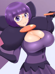 Rule 34 | 1girl, alternate breast size, blunt bangs, bob cut, book, breasts, cleavage, commentary request, creatures (company), dress, game freak, glasses, gloves, holding, holding book, holding pen, large breasts, nintendo, parted lips, pen, pokemon, pokemon bw, purple dress, purple eyes, purple hair, shauntal (pokemon), short hair, smile, solo, todoshiroh