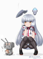 Rule 34 | 1girl, black footwear, black pantyhose, blunt bangs, commentary request, dated, dress, fingerless gloves, gloves, grey background, hair ribbon, headgear, kantai collection, loafers, long hair, masara (chuujou), murakumo (kancolle), necktie, one-hour drawing challenge, orange eyes, pantyhose, red neckwear, rensouhou-chan, ribbon, shoes, short eyebrows, sidelocks, silver hair, simple background, squatting, thighband pantyhose, tress ribbon, twitter username, white dress, white gloves