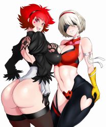 Rule 34 | 2girls, android, ass, ass grab, back, back cutout, backboob, black gloves, black hairband, breast press, breasts, choker, cleavage, cleavage cutout, clothing cutout, crossover, curvy, cutie honey, cutie honey (character), female focus, from behind, gloves, hairband, heart, heart cutout, highleg, highleg leotard, highres, huge ass, kisaragi honey, leotard, magical girl, makeup, medium breasts, midriff, mkonstantinov, multiple girls, navel, nier (series), nier:automata, open mouth, re: cutie honey, red eyes, red hair, shiny skin, short hair, silver hair, smile, symmetrical docking, thick thighs, thighhighs, thighs, thong leotard, 2b (nier:automata)