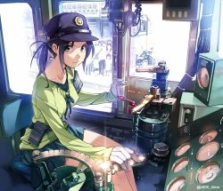 Rule 34 | 1girl, aqua eyes, armlet, artist name, bad id, bad twitter id, bare legs, belt, belt pouch, black hair, black hat, blue eyes, blue skirt, breasts, chair, closed mouth, collarbone, conductor, covered erect nipples, crowd, day, emblem, glint, gloves, green ribbon, green shirt, hat, large breasts, long sleeves, looking at viewer, original, pavement, pocket, ponytail, pouch, purple hair, ribbon, road, serious, shirt, short hair, sign, sitting, skirt, smile, solo, solo focus, standing, street, sunlight, sweatdrop, vania600, white gloves, window, wire