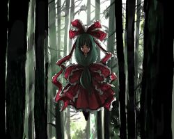Rule 34 | 1girl, female focus, flying, forest, front ponytail, inuinu (project october), kagiyama hina, ken makiba, looking at viewer, nature, oekaki, shaded face, solo, touhou