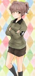 Rule 34 | 1girl, abimaru gup, absurdres, alisa (girls und panzer), argyle, argyle background, argyle clothes, black shorts, black socks, brown eyes, brown hair, brown jacket, closed mouth, commentary, crossed arms, emblem, freckles, girls und panzer, hair ornament, highres, jacket, kneehighs, long sleeves, military, military uniform, multicolored background, one-hour drawing challenge, saunders military uniform, short hair, short shorts, short twintails, shorts, smile, socks, solo, star (symbol), star hair ornament, twintails, twitter username, uniform