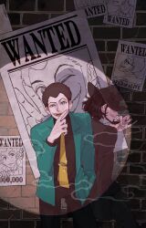 Rule 34 | 2boys, arsene lupin iii, black hair, brown hair, cigarette, clenched teeth, commentary request, covered eyes, english text, formal, glasses, hand in pocket, highres, holding, holding cigarette, jigen daisuke, light, looking at viewer, lupin iii, male focus, multiple boys, necktie, one eye closed, short hair, smile, smoke, suit, teeth, urourooooo, v, wall, wanted