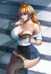 Rule 34 | 1girl, blonde hair, breasts, clothes lift, crown, female focus, flowerxl, highres, large breasts, long hair, looking at viewer, mario (series), nintendo, nipples, princess peach, pussy, shirt lift, smile, spread legs, thighhighs, uncensored