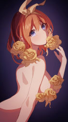 Rule 34 | 1girl, absurdres, back, blue eyes, breasts, breasts out, cleavage, completely nude, convenient censoring, dark background, flower, go-toubun no hanayome, hair ribbon, highres, large breasts, looking at viewer, nakano yotsuba, nude, orange hair, ribbon, rose, simple background, solo, woodsbench
