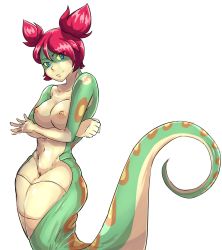 Rule 34 | 1girl, blue eyes, breasts, colored sclera, colored skin, green skin, highres, lamia, monster girl, nipples, pussy, red hair, shantae (series), short twintails, tuki (shantae), twintails, yellow sclera