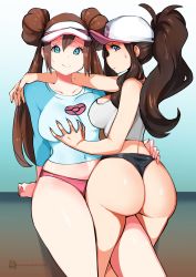 Rule 34 | 2girls, artist name, ass, bare shoulders, baseball cap, black panties, blue eyes, blue shorts, breasts, brown hair, collarbone, creatures (company), double bun, game freak, grabbing, grabbing another&#039;s breast, hair between eyes, hair bun, hat, highres, hilda (pokemon), huge ass, kenron toqueen, large breasts, looking at viewer, looking back, multiple girls, nintendo, no pants, panties, pink panties, pokemon, pokemon bw, pokemon bw2, ponytail, raglan sleeves, rosa (pokemon), shirt, shorts, single hair bun, sleeveless, smile, sweat, tank top, thick thighs, thighs, thong, twintails, underwear, white shirt, wide hips