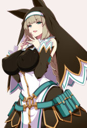 Rule 34 | 1girl, animal ears, belt, belt pouch, black sweater, bombergirl, braid, breasts, brown hair, covered erect nipples, detached sleeves, dress, fake animal ears, green belt, green eyes, habit, half-closed eyes, hands up, large breasts, light brown background, long hair, looking at viewer, mutou kurihito, nun, open mouth, own hands together, pouch, ribbed sweater, sepia belmont, sidelocks, simple background, single braid, smile, solo, standing, sweater, white dress, zipper