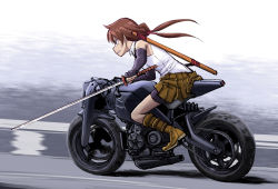 Rule 34 | 1girl, bike shorts, bike shorts under skirt, black gloves, blurry, blurry background, boots, brown hair, clenched teeth, commission, copyright request, driving, fingerless gloves, freckles, from side, full body, gloves, highres, holding, holding sword, holding weapon, ishii hisao, katana, miniskirt, motion blur, motor vehicle, motorcycle, pleated skirt, scabbard, sheath, shirt, skeb commission, skirt, solo, sword, teeth, twintails, weapon, white shirt, yellow footwear, yellow skirt