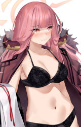 Rule 34 | 1girl, @ @, absurdres, aru (blue archive), black bra, black panties, blue archive, blunt bangs, blush, bra, breasts, cape, cleavage, closed mouth, embarrassed, halo, highres, large breasts, long hair, looking away, looking to the side, navel, panties, pink hair, purple cape, red eyes, simple background, solo, stomach, straight hair, strap gap, underwear, very long hair, wakamepiza, wavy mouth, white background