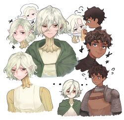 Rule 34 | ..., 2boys, armor, bags under eyes, black eyes, black hair, blue eyes, chainmail, chibi, chibi inset, curly hair, dark-skinned male, dark skin, dungeon meshi, elf, glaring, gorget, grey hair, highres, kabru, lazy eye, leather armor, long sleeves, lumpia at kanin, male focus, mithrun, multiple boys, notched ear, pauldrons, pointy ears, short hair, shoulder armor, simple background, single pauldron, smile, sweatdrop, tunic, uneven eyes, white background, wiping mouth