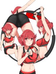 Rule 34 | 1girl, absurdres, alternate costume, armpits, breasts, chest jewel, exercising, gymnastics, highres, joy-con, large breasts, pantylines, pyra (xenoblade), red eyes, red hair, ring-con, ring fit adventure, shizuki muika, short hair, sweat, swept bangs, xenoblade chronicles (series), xenoblade chronicles 2