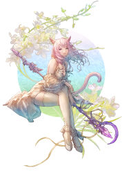 Rule 34 | 1girl, absurdres, animal ears, ankle strap, aqua eyes, breasts, commission, crossed legs, detached sleeves, dress, floating hair, floral background, heterochromia, highres, holding, holding staff, long hair, looking at viewer, medium breasts, mole, mole under mouth, original, parted lips, pink hair, purple eyes, ribbon, see-through, see-through sleeves, shoes, shukei, sitting, skeb commission, sleeveless, sleeveless dress, smile, solo, staff, tail, thighhighs, white background, white dress, white footwear, white thighhighs, yellow ribbon