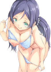 Rule 34 | 10s, 1girl, :q, bikini, blue bikini, blue hair, breasts, breasts out, green eyes, large breasts, leaning forward, licking lips, love live!, love live! school idol project, mikage sekizai, naughty face, nipples, puffy nipples, solo, swimsuit, tongue, tongue out, tojo nozomi, twintails, undressing, white background