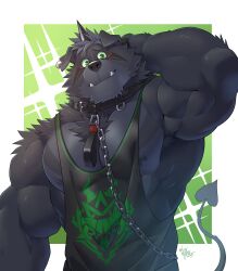 Rule 34 | 1boy, absurdres, amduscias (housamo), animal collar, animal ear piercing, animal ears, arashi takemoto, arm behind head, armpit hair, bara, black fur, border, chain, collar, demon tail, ear piercing, facial mark, furry, furry male, green eyes, highres, horns, large pectorals, looking at viewer, male focus, muscular, muscular male, nipple slip, nipples, outside border, pectorals, piercing, short hair, signature, single horn, smile, snout, solo, sparkle background, stringer, tail, thick arms, thick eyebrows, tokyo houkago summoners, tusks, two-tone fur, upper body, white border