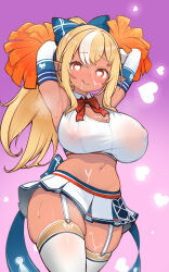 1girl adapted_costume armpits arms_up blonde_hair blush bow breasts cheerleader cleavage cum cum_on_body curvy dark-skinned_female dark_skin elf facial female_focus hair_bow heart heart-shaped_pupils highres holding holding_pom_poms hololive inverted_nipples kani_bonara large_breasts long_hair looking_at_viewer midriff multicolored_hair naughty_face navel pointy_ears pom_pom_(cheerleading) pom_poms ponytail red_eyes see-through shiranui_flare shiranui_flare_(1st_costume) sidelocks skindentation smile solo steaming_body streaked_hair sweat symbol-shaped_pupils thick_thighs thighhighs thighs tongue tongue_out virtual_youtuber white_hair