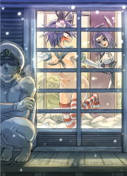 Rule 34 | 1boy, 2girls, admiral (kancolle), blush, breasts, clenched teeth, cold, commentary, convenient censoring, cosplay, elbow gloves, empty eyes, eyepatch, full-face blush, futon, gloves, hair intakes, halo, hat, headgear, kantai collection, mechanical halo, mimonel, multiple girls, nude, open mouth, peaked cap, pillow, purple hair, sailor collar, sharp teeth, shimakaze (kancolle), shimakaze (kancolle) (cosplay), short hair, smile, snowing, squatting, striped clothes, striped legwear, striped thighhighs, surprised, tatsuta (kancolle), teeth, tenryuu (kancolle), thighhighs, walk-in