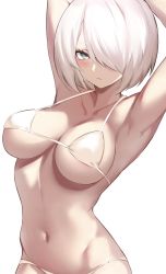 Rule 34 | 1girl, armpits, arms behind head, arms up, bare shoulders, bikini, blue eyes, blush, breasts, cleavage, closed mouth, collarbone, commentary, cowboy shot, groin, hair over one eye, highres, hip bones, large breasts, linea alba, looking at viewer, mole, mole under mouth, navel, nier:automata, nier (series), one eye covered, short hair, simple background, solo, spider apple, swept bangs, swimsuit, symbol-only commentary, white background, white bikini, white hair, 2b (nier:automata)