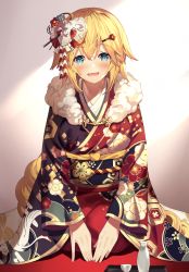 Rule 34 | 1girl, :d, akae neo, black kimono, blonde hair, blue eyes, blush, braid, commentary request, fate/grand order, fate (series), fur collar, hair between eyes, highres, japanese clothes, jeanne d&#039;arc (fate), jeanne d&#039;arc (ruler) (fate), kimono, long hair, long sleeves, looking at viewer, obi, open mouth, print kimono, red kimono, sash, seigaiha, seiza, sitting, smile, solo, very long hair, wide sleeves