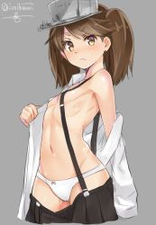 Rule 34 | 10s, 1girl, :&lt;, bad id, bad twitter id, blush, bow, bow panties, breasts, brown eyes, brown hair, clothes pull, convenient censoring, cropped legs, grey background, isshiki (ffmania7), jpeg artifacts, kantai collection, navel, nose blush, open clothes, open shirt, panties, ryuujou (kancolle), shirt, simple background, skirt, skirt pull, small breasts, solo, suspenders, twintails, twitter username, underwear, visor cap, white panties