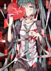 Rule 34 | 1girl, absurdres, bad id, bad pixiv id, bandages, blood, blush, green eyes, green hair, hatsune miku, heart, highres, long hair, looking at viewer, matching hair/eyes, nadinehuifu, nail polish, necktie, skirt, solo, streamers, streaming heart (vocaloid), twintails, very long hair, vocaloid