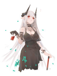 Rule 34 | 1girl, arknights, bare shoulders, black choker, black dress, bracelet, breasts, choker, cleavage, cup, detached sleeves, dress, drinking glass, grey hair, highres, holding, holding cup, horns, io (io oekaki), jewelry, large breasts, long hair, looking away, looking up, mudrock (arknights), mudrock (obsidian) (arknights), necklace, official alternate costume, open mouth, petals, pointy ears, red eyes, short sleeves, solo, very long hair