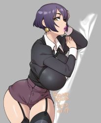 Rule 34 | 1girl, agawa ryou, artist name, black jacket, black thighhighs, breasts, collared shirt, commentary, cowboy shot, dated, earrings, english commentary, garter straps, grey background, hand on own arm, hand on own head, high-waist shorts, huge breasts, jacket, jewelry, long sleeves, looking at viewer, numbered, open mouth, original, parted lips, pink lips, pixie cut, profile, purple hair, purple shorts, shirt, short hair, short shorts, shorts, sidelocks, simple background, solo, swept bangs, thighhighs, white shirt, wing collar, yellow eyes