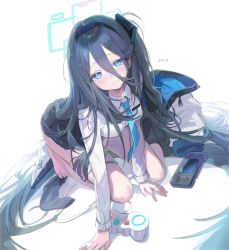 Rule 34 | 1girl, absurdres, aris (blue archive), bad id, bad twitter id, black hair, blue archive, blue eyes, blush, controller, freng, halo, highres, long hair, school uniform, side ponytail, simple background, smile, socks, solo, very long hair, white background