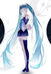 Rule 34 | 1girl, absurdly long hair, arm at side, arm behind back, asymmetrical legwear, bandaged leg, bandages, bandaid, bandaid on cheek, bandaid on face, bandaid on knee, bandaid on leg, bare shoulders, black skirt, black thighhighs, blue hair, blue necktie, bouquet, breasts, circle, closed eyes, closed mouth, collared shirt, commentary request, creator connection, detached sleeves, dot nose, eyelashes, facing viewer, finger to mouth, flower, full body, hair between eyes, hand up, hatsune miku, highres, legs together, light blush, light smile, loafers, long hair, mars symbol, mismatched legwear, necktie, pink flower, pink rose, pleated skirt, rolling girl (vocaloid), rose, shadow, shapes, shirt, shoes, simple background, single thighhigh, skirt, sleeveless, sleeveless shirt, small breasts, socks, solo, standing, tears, thighhighs, translation request, twintails, ura-omote lovers (vocaloid), venus symbol, very long hair, vhumiku, vocaloid, white background, white shirt, white socks, zettai ryouiki