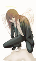 Rule 34 | 1boy, angel, angel devil (chainsaw man), angel wings, black jacket, black necktie, black pants, business suit, chainsaw man, closed mouth, eyelashes, formal, full body, hagioshi, hair between eyes, halo, highres, jacket, long hair, long sleeves, male focus, necktie, pants, red hair, shadow, shirt, shoes, simple background, sneakers, solo, squatting, suit, white footwear, white shirt, wings