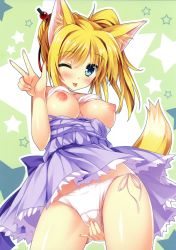 Rule 34 | 10s, 1girl, ;p, absurdres, animal ears, bare shoulders, blonde hair, blue eyes, blush, bra, bra lift, breasts, clothes lift, clothes pull, dog days, dress, dress lift, dress pull, fox ears, hair ornament, hair stick, highres, medium breasts, nipples, off shoulder, one eye closed, panties, puffy nipples, purple dress, scan, shiny skin, side-tie panties, side ponytail, smile, solo, string panties, tateha (marvelous grace), tongue, tongue out, underwear, white bra, white panties, wink, yukikaze panettone